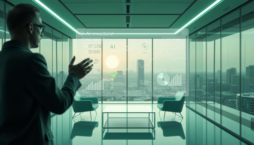 A serene, futuristic office setting with a translucent, holographic display showcasing AI-powered analytics and insights. The glass-walled space is bathed in a calming green hue, reflecting the ethos of transparent and trustworthy communication. In the foreground, a person gestures towards the display, emphasizing the human-centric approach to AI integration. The middle ground features sleek, minimalist furniture, while the background depicts a cityscape through the large windows, hinting at the wider technological landscape. The overall tone is one of harmony, professionalism, and a commitment to building trust through clear, AI-driven communication.