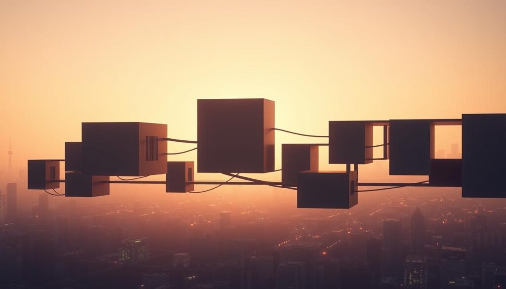 A sleek and minimalist AI-powered architectural design, featuring a striking silhouette of interconnected modular structures against a backdrop of a softly lit, futuristic urban landscape. The structures are composed of clean geometric forms and smooth, reflective surfaces that appear to float effortlessly, hinting at the advanced computational systems that power their design. Subtle details, such as the seamless integration of sensors and energy-efficient systems, emphasize the AI-native nature of this architectural vision. The overall scene conveys a sense of innovation, efficiency, and a departure from traditional building methods, aligning with the notion of an "AI-native" design philosophy.