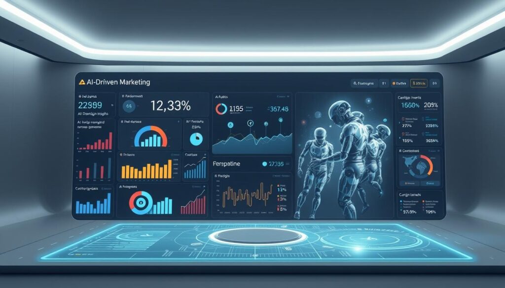 A sleek, futuristic dashboard for an AI-driven marketing organization. The foreground features a holographic display showcasing key performance metrics, analytics, and campaign insights. The middle ground showcases a team of AI agents collaborating seamlessly, their movements and interactions projected as dynamic 3D visualizations. The background has a minimalist, high-tech aesthetic with clean lines, subtle grey tones, and subtle lighting that creates a sense of depth and professionalism. The overall scene conveys a cutting-edge, efficient, and data-driven approach to modern digital marketing.