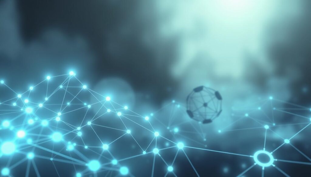A sleek, high-tech visualization of smart algorithms powering modern technology transformation. In the foreground, a complex network of interconnected nodes and data streams glowing with an ethereal light, symbolizing the intricate web of intelligent algorithms. In the middle ground, abstract shapes and forms shift and morph, representing the fluid nature of technological progress. The background is shrouded in a hazy, futuristic grey hue, conveying a sense of mystery and the unknown. The overall composition exudes a clean, sharp, and highly detailed aesthetic, evoking a vision of the cutting edge of AI-driven innovation.