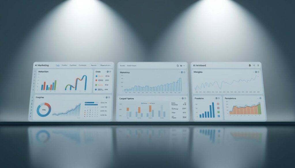 A sleek, modern AI marketing analytics dashboard with a minimalist design and clean layouts. The foreground features interactive charts, graphs, and visualizations that display key marketing metrics and insights. In the middle ground, customizable widgets allow for quick data analysis and performance tracking. The background has a subtle grey gradient, creating a sophisticated and professional atmosphere. Soft, directional lighting highlights the dashboard's intuitive user interface and cutting-edge technology. The overall impression conveys the power of AI-driven marketing analytics to drive strategic decision-making.