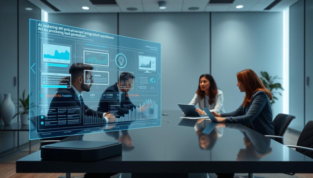 A sleek, modern office workspace with a focus on AI-powered lead generation workflows. In the foreground, a holographic display depicts a dynamic data visualization, showcasing AI-driven marketing insights and lead nurturing processes. The middle ground features a team of professionals collaborating around a polished conference table, their expressions reflecting a sense of focus and innovation. The background is bathed in a soft, grey ambient lighting, creating a serene and productive atmosphere. The scene conveys a harmonious integration of human expertise and cutting-edge AI technology, transforming traditional marketing workflows into a streamlined, data-driven ecosystem.