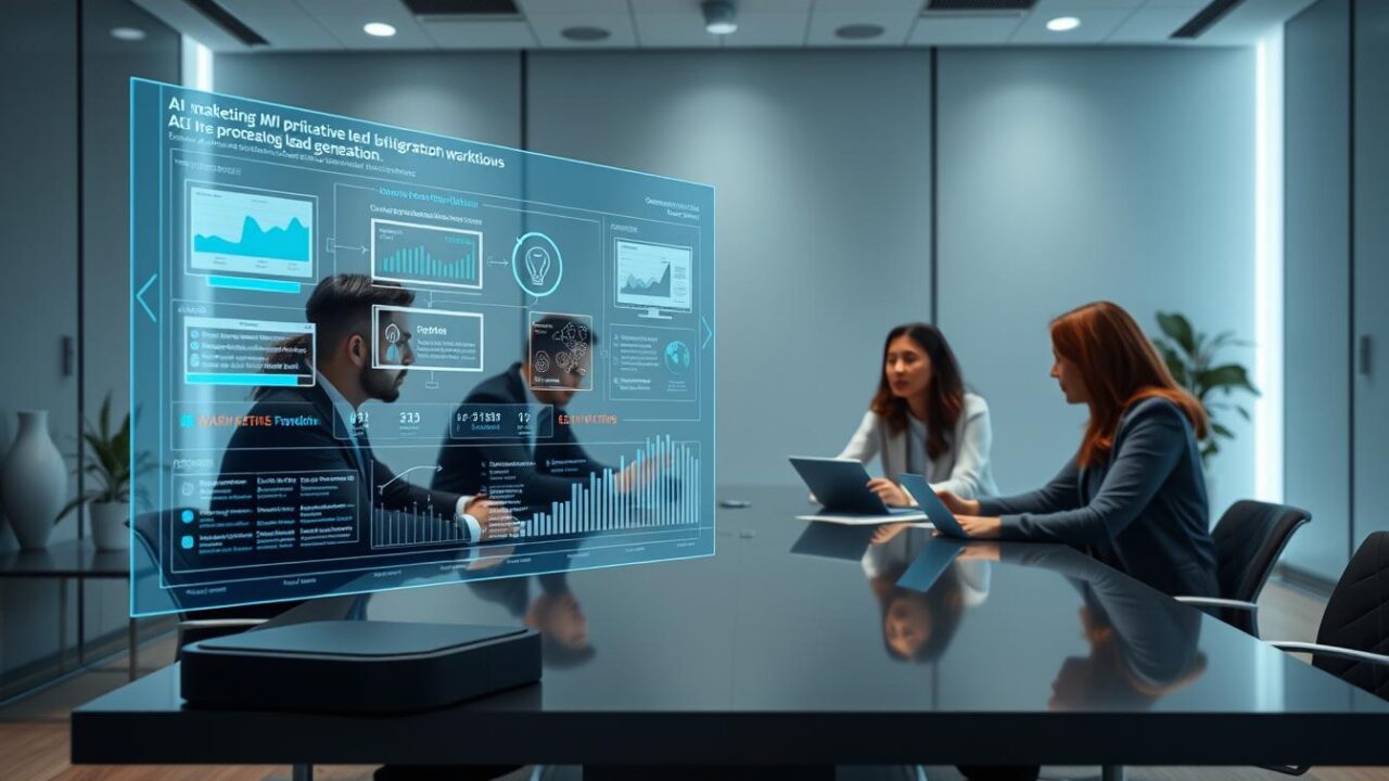 A sleek, modern office workspace with a focus on AI-powered lead generation workflows. In the foreground, a holographic display depicts a dynamic data visualization, showcasing AI-driven marketing insights and lead nurturing processes. The middle ground features a team of professionals collaborating around a polished conference table, their expressions reflecting a sense of focus and innovation. The background is bathed in a soft, grey ambient lighting, creating a serene and productive atmosphere. The scene conveys a harmonious integration of human expertise and cutting-edge AI technology, transforming traditional marketing workflows into a streamlined, data-driven ecosystem.