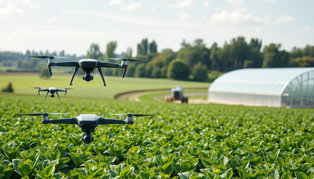 A state-of-the-art agricultural facility set against a backdrop of lush, verdant fields. In the foreground, sleek, autonomous drones meticulously monitor crop health, while nearby, robotic harvesters precisely gather the bountiful yield. The middle ground showcases a network of IoT sensors and AI-powered irrigation systems, optimizing water and nutrient delivery. In the distance, a futuristic greenhouse glows with an ethereal white light, housing precisely cultivated, genetically engineered crops. The scene conveys a harmonious integration of advanced technology and sustainable, data-driven farming practices, shaping the future of modern agriculture.