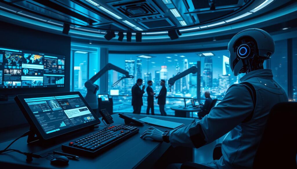 A state-of-the-art newsroom, dimly lit with a cool blue hue, bustles with activity. In the foreground, an AI assistant operates a sophisticated command console, its sleek interface displaying real-time data and analytics. Holographic screens flicker with headlines and breaking news, while robotic arms manipulate text and images with lightning-fast precision. In the middle ground, journalists collaborate seamlessly, their words and ideas seamlessly integrated into the AI's algorithms. The background reveals a futuristic cityscape, skyscrapers and holograms reflecting the AI's growing influence over the landscape of modern journalism.