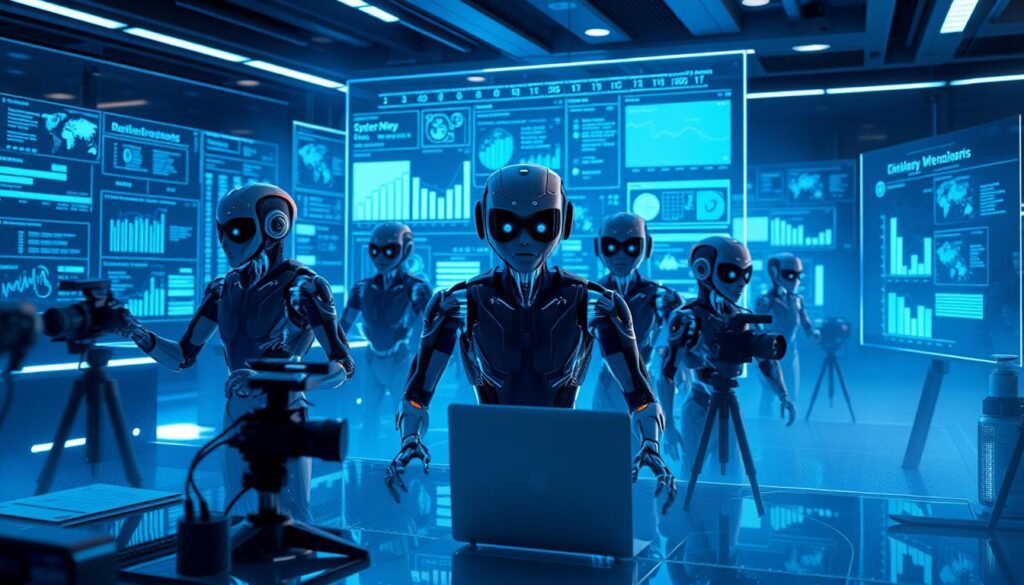 A team of AI writing assistants, their digital avatars hovering amidst a sleek, futuristic newsroom. Holographic displays showcase data visualizations and article drafts, while intelligent algorithms analyze story trends. Diffused blue light casts an ethereal glow, blending the organic and synthetic. Cameras capture the scene, their lenses reflecting the AI's omniscient presence. This hyper-advanced workspace represents the double-edged sword of AI-generated content - a powerful tool reshaping the future of journalism, yet one that must be wielded with caution and oversight.