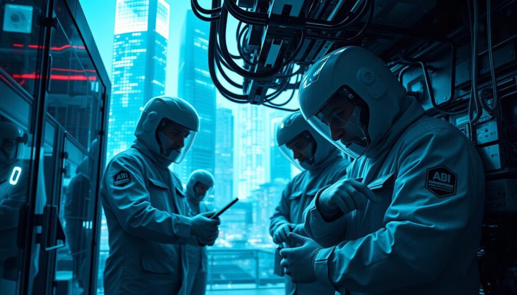 A team of humans in sleek, advanced protective suits meticulously inspecting and repairing malfunctioning AI systems, set against a backdrop of a gleaming, futuristic cityscape bathed in a cool, blue hue. The foreground features the workers' intense focus and careful movements as they troubleshoot the intricate machinery, while the middle ground showcases the scale and complexity of the AI infrastructure they are responsible for maintaining. The high-resolution, sharply detailed image conveys a sense of technological sophistication and the crucial role humans play in ensuring the smooth operation of advanced AI systems in this new era of human-machine collaboration.