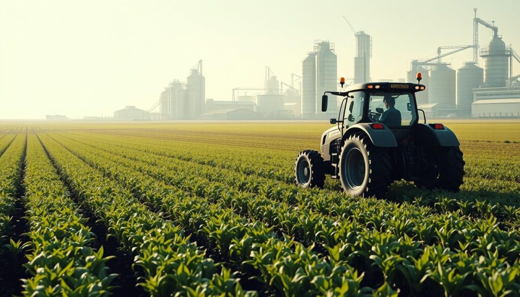 A vast, modern agricultural landscape stretches out before the viewer, bathed in a soft, white glow. In the foreground, a sleek, precision-engineered tractor navigates the rows of crops, its advanced sensors and computer systems guiding it with remarkable efficiency. In the middle ground, rows of verdant, lush vegetation sway gently in the breeze, their health and growth meticulously monitored by a network of interconnected IoT devices. In the background, towering silos and advanced processing facilities stand as testament to the data-driven, technology-enabled nature of this futuristic farm. The overall scene conveys a sense of harmony between man, machine, and nature, where cutting-edge analytics and decision-making algorithms have revolutionized the art of modern agriculture.
