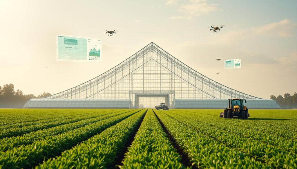 A vast, verdant field stretches out before a towering, futuristic greenhouse, its sleek, angular structure a testament to the convergence of agriculture and advanced technology. Holographic displays flutter in the air, showcasing real-time data and analytics, guiding the farmer's every decision. Drones soar overhead, surveying the land with precision sensors, while autonomous tractors plow the soil with methodical efficiency. The scene is bathed in a warm, white glow, creating a sense of harmony between the natural and the digital. This is the new frontier of farming, where data-driven decisions revolutionize the way we cultivate the land.