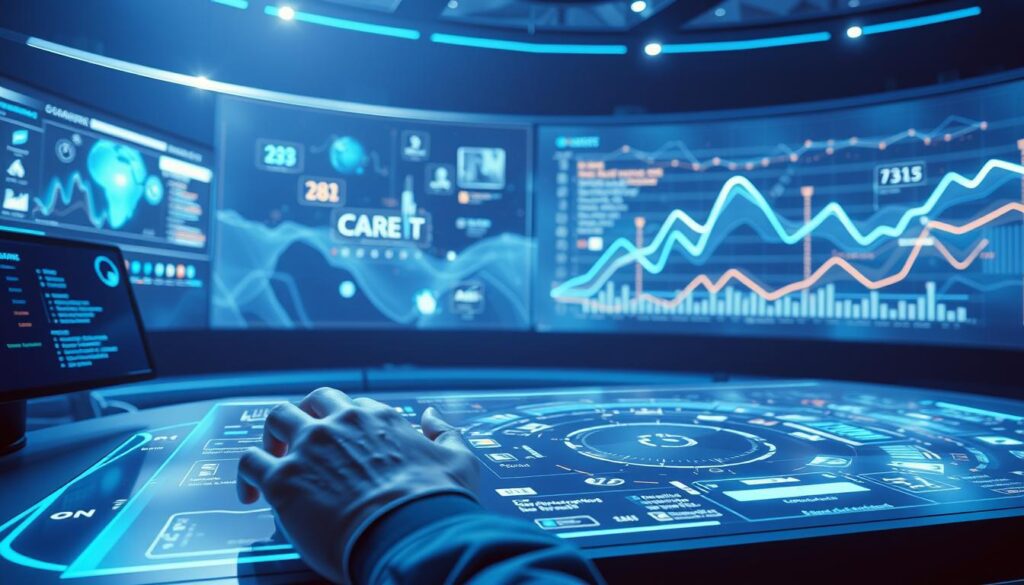A visionary landscape of AI-powered browser interfaces, where sleek and intuitive command consoles seamlessly blend with holographic displays. Ethereal blue hues bathe the scene, evoking a sense of technological advancement. In the foreground, a user navigates a fluid, gesture-based interface, while in the background, shimmering 3D graphs and visualizations dance across the screen, revealing the hidden complexities of the web. The composition is sharp, detailed, and futuristic, capturing the dawn of a new era in web navigation, where artificial intelligence redefines the boundaries of human-computer interaction.