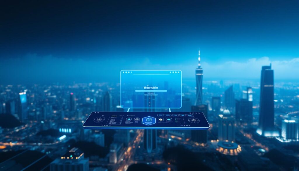 An expansive digital landscape, where AI-powered assistants seamlessly integrate with browser functionality. In the foreground, a sleek, semi-transparent interface hovers, its intuitive controls and dynamic visualizations responding to user inputs. Surround by a captivating blue hue, the middle ground showcases a web browser window, its boundaries blurring as the AI assistant seamlessly bridges the digital divide. In the background, a futuristic cityscape emerges, its towering structures and gleaming skyline hinting at the transformative potential of this convergence of technology. The scene radiates a sense of innovation and effortless connectivity, capturing the essence of a new era in browser dominance.