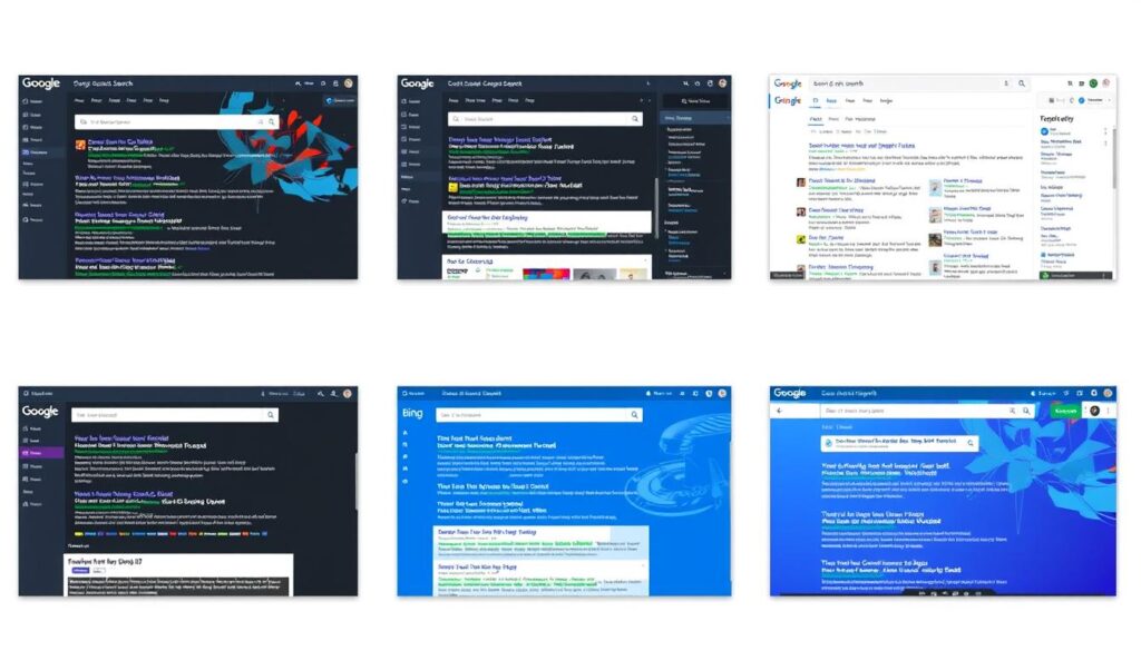Comparison of different AI search interfaces showing Google SGE, Bing AI, and specialized search tools Comparison of different AI search interfaces showing Google SGE, Bing AI, and specialized search tools