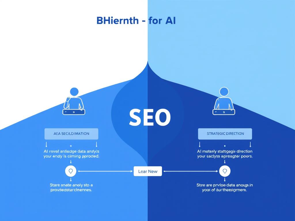 Illustration of hybrid human-AI SEO workflow showing collaboration between AI tools and human experts Illustration of hybrid human-AI SEO workflow showing collaboration between AI tools and human experts