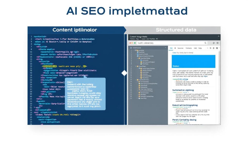Implementation of AI SEO strategies showing content optimization and structured data Implementation of AI SEO strategies showing content optimization and structured data