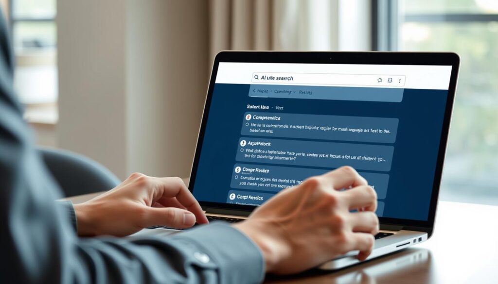 User interacting with AI search interface showing conversational results User interacting with AI search interface showing conversational results