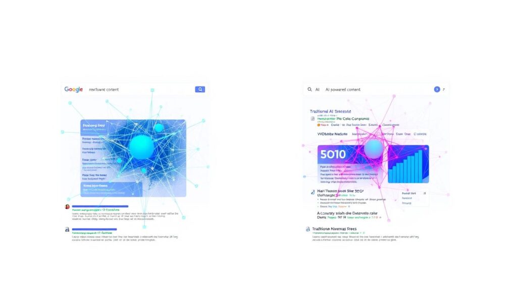 Visual representation of AI SEO showing neural networks analyzing website content