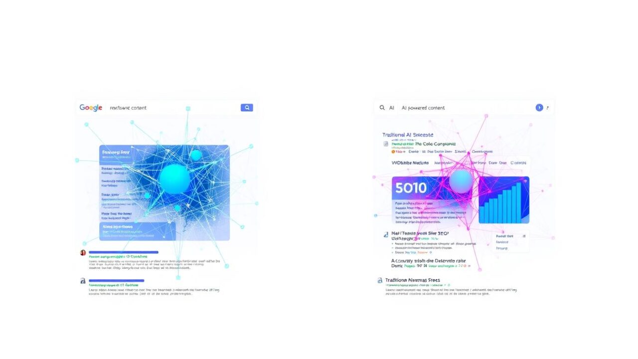 Visual representation of AI SEO showing neural networks analyzing website content