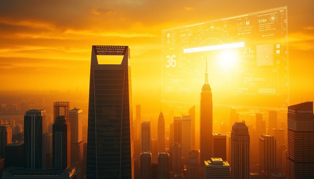 A majestic cityscape, bathed in a warm yellow glow, stretches out before the viewer. In the foreground, towering skyscrapers with sleek, angular designs rise up, their facades reflecting the light in a mesmerizing display. Hovering above the city, a vast, ethereal interface appears, its holographic elements responding to unseen commands, showcasing the power of AI-driven search and information retrieval. The sky is a deep, vibrant hue, adding to the sense of technological prowess and futuristic wonder. The entire scene is captured with a cinematic, high-resolution clarity, leaving the viewer in awe of the transformative potential of AI-powered search.