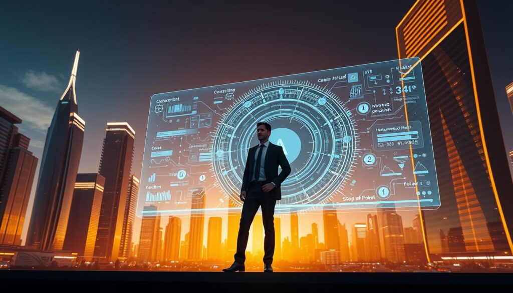 A sleek, futuristic cityscape bathed in a warm golden glow, with towering skyscrapers and sleek, modern architecture. In the foreground, a holographic display hovers, showcasing a dynamic visualization of AI-driven search engine optimization strategies, intricate algorithms and data flows. Amidst the technological marvel, the silhouette of a confident, well-dressed figure stands, representing the resurgence of public relations in the digital age. The scene conveys a sense of innovation, progress and the seamless integration of PR and AI-powered SEO.