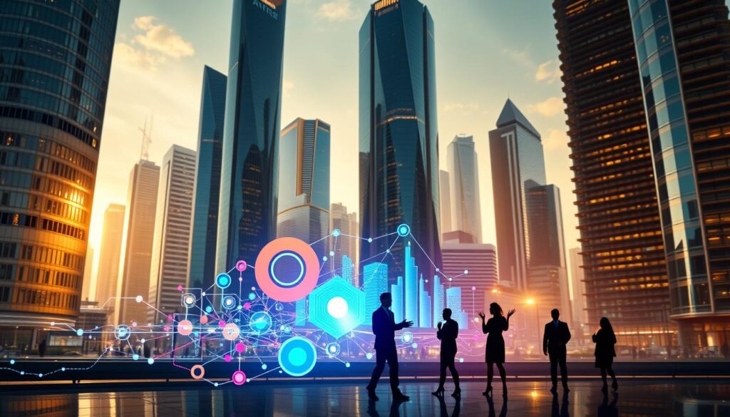 A sleek, futuristic cityscape with towering skyscrapers and gleaming glass facades. In the foreground, a stylized graphic visualization of data flows and AI algorithms, with bold shapes and vibrant colors representing the convergence of public relations and AI-powered search. The middle ground features elegant silhouettes of people gesturing and collaborating, their movements choreographed to suggest the synergy between these two disciplines. The background is bathed in a warm, golden hue, evoking a sense of innovation and progress. The overall scene conveys a harmonious blend of technology, human ingenuity, and the seamless integration of public relations and AI-driven search strategies.