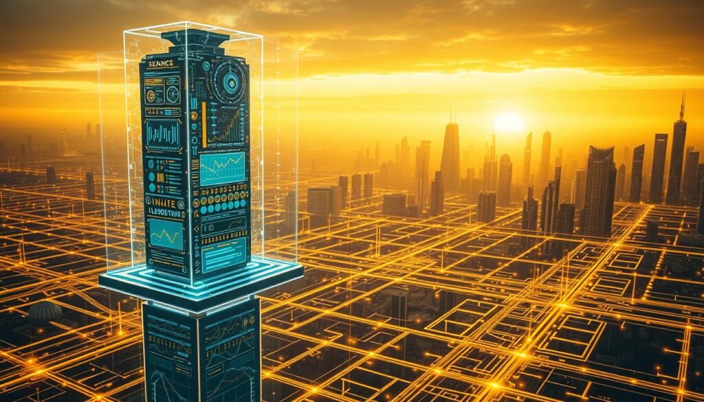 A sleek, futuristic landscape of algorithms and data streams, bathed in a warm yellow glow. In the foreground, a towering, holographic search engine interface hovers, its intricate controls and visualizations showcasing the power of Answer Engine Optimization. In the middle ground, a network of interconnected nodes and pathways represents the underlying infrastructure, pulsing with the energy of AI-driven public relations strategies. The background fades into a horizon of gleaming skyscrapers and advanced technology, conveying the sense of a modern, AI-powered world where PR dominates the search landscape.