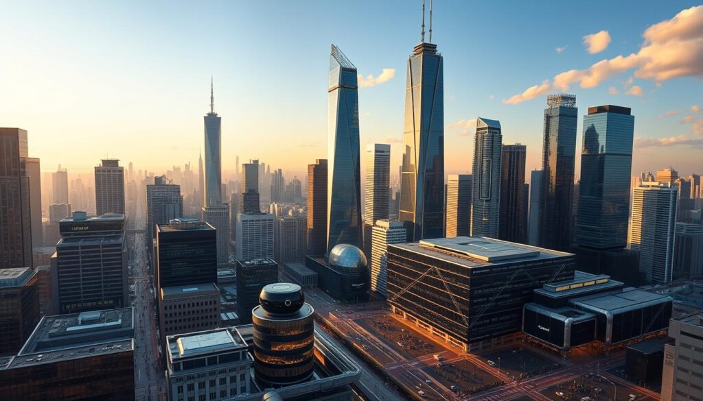A sprawling cityscape of glass and steel, bathed in a warm golden glow. Sleek, futuristic skyscrapers rise into a cloudless sky, their facades shimmering with advanced displays and holographic interfaces. In the foreground, a gleaming data center pulses with activity, its servers humming with the latest advancements in natural language processing. Scattered throughout the scene, streamlined robotic assistants navigate the urban landscape, interacting with pedestrians and responding to their queries with lightning-fast precision. The overall atmosphere is one of technological innovation, efficiency, and a vision of a tomorrow where human-machine collaboration is seamless and ubiquitous.