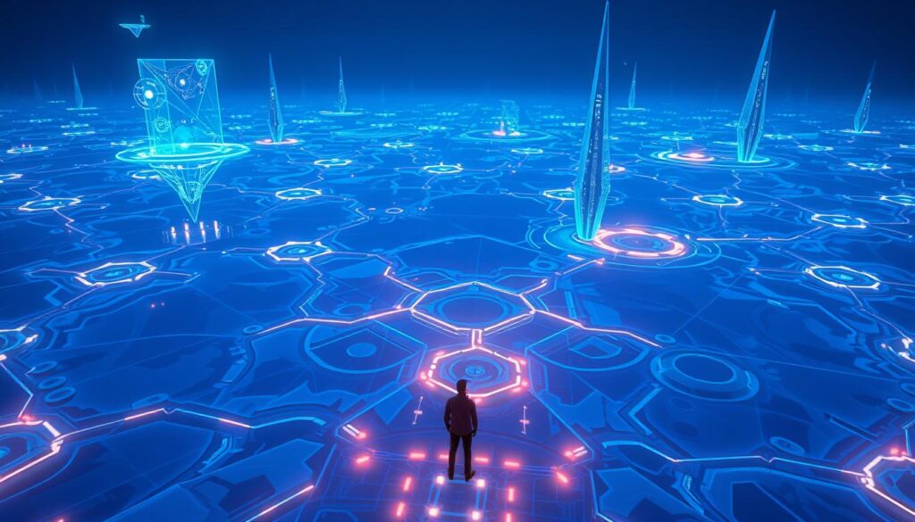 A vast, expansive digital landscape stretches out before the viewer, bathed in a mesmerizing blue hue that evokes a sense of technological wonder. Floating islands, connected by intricate pathways, hover in the air, their surfaces a seamless blend of geometric shapes and organic curves. Holographic projections flicker and dance, casting an ethereal glow over the scene, while sleek, futuristic structures pierce the horizon, their angular forms hinting at advanced architectural design. In the foreground, a figure stands amidst this captivating environment, their silhouette suggesting a human form interacting with the world around them, blurring the line between the physical and the digital. The overall atmosphere is one of boundless possibility, where the boundaries of reality are pushed and the imagination is free to soar.