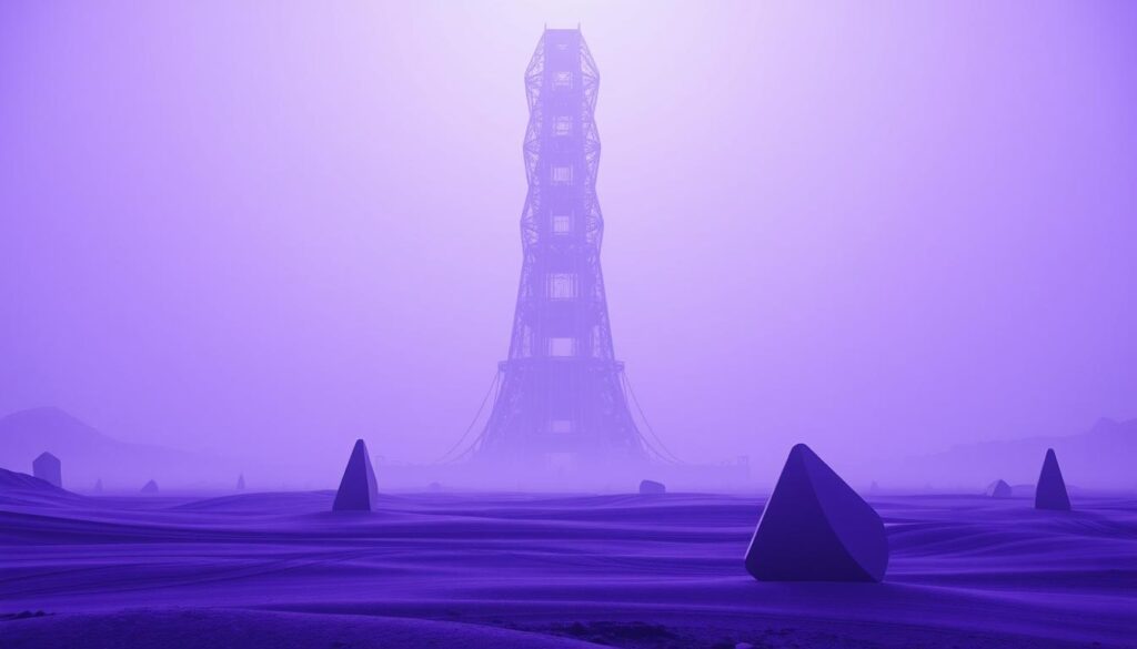 A vast, futuristic landscape dominated by a towering, metallic structure representing the limitations of current standalone AI agents. The structure's intricate design and imposing presence evoke a sense of both power and constraint, symbolizing the technical and conceptual boundaries that current AI systems face. The scene is bathed in a captivating purple hue, creating a sense of mystery and technological advancement. In the foreground, sleek, minimalist forms suggest the potential for more integrated and adaptive AI systems, hinting at the future evolution beyond standalone agents. The high-resolution, sharply-detailed image conveys a clean, futuristic aesthetic, inviting the viewer to ponder the challenges and opportunities of the evolving AI landscape.