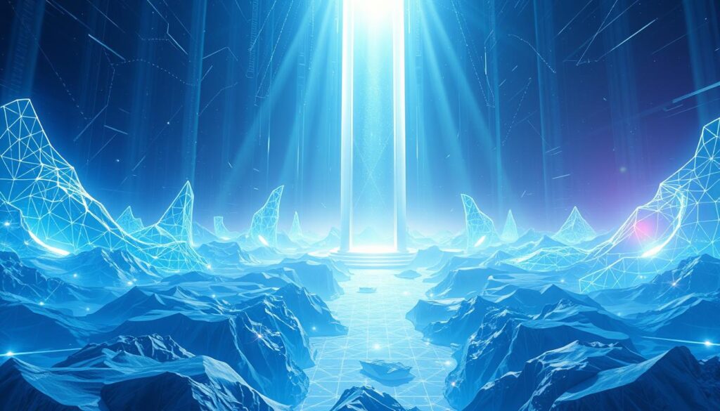 A vast, holographic world emerges, shimmering with digital landscapes and towering structures. Luminous portals beckon, leading to immersive realms of endless possibility. Shafts of blue-tinted light pierce the air, casting a futuristic glow over the scene. Sleek, faceted forms interlace, creating a seamless, high-resolution tapestry of advanced technology. Subtle gradients and intricate patterns weave together, hinting at the depth and complexity of this interactive, generative environment. A sense of wonder and discovery permeates the air, inviting the viewer to step into this captivating, AI-powered world.