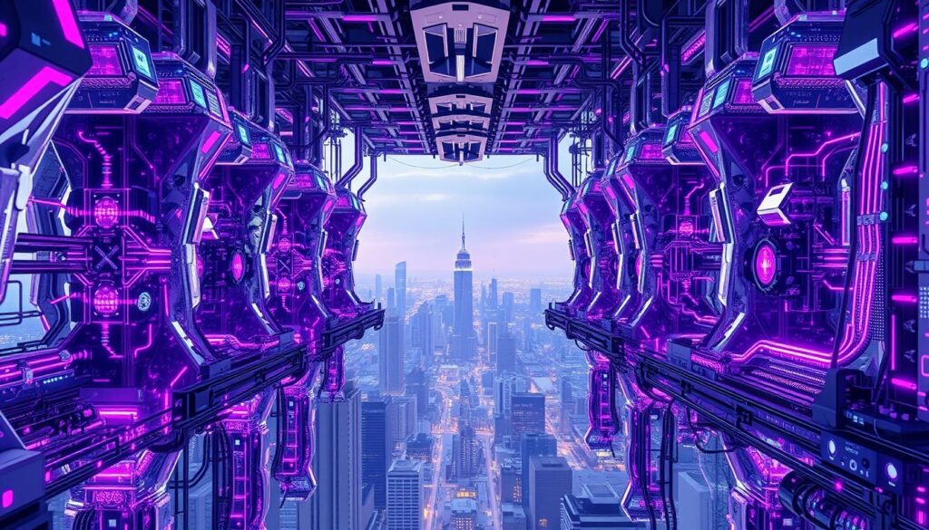 A vast, sprawling architecture of autonomous AI systems, each a gleaming, faceted module in a complex network. Intricate circuits and streams of data flow through translucent conduits, illuminated by a mesmerizing purple hue. Sleek, angular frames support advanced sensor arrays and processing cores, working in tandem to perceive and analyze the world. In the background, a panorama of futuristic cityscape frames this technological marvel, hinting at the integration of these systems into the fabric of a modern, hyper-intelligent world. The scene exudes a sense of order, power, and limitless potential, capturing the dawn of a new era in computing.