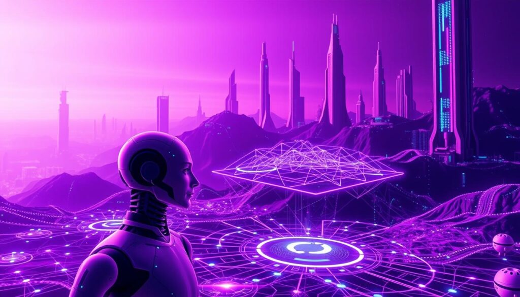 A visionary AI landscape, bathed in a vibrant purple hue, showcases the cutting-edge advancements of the 2025 AI operating system revolution. In the foreground, sleek and intuitive AI agents seamlessly integrate with a dynamic, holographic user interface, signifying the obsolescence of standalone AI systems. The middle ground features a complex network of interconnected nodes, representing the decentralized, cloud-based architecture powering this new era of AI. In the background, towering data structures and futuristic architecture hint at the immense computational power and seamless scalability of this transformative technology. The image exudes a sense of clean, sharp sophistication, capturing the essence of the 2025 AI operating system revolution and its profound impact on the way we interact with and harness the power of artificial intelligence.