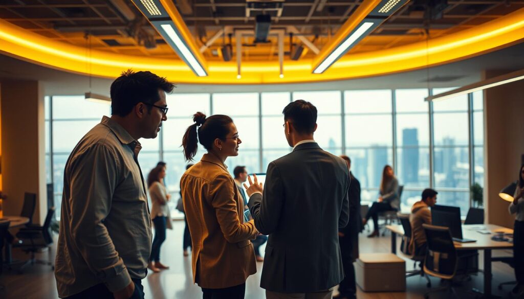 A bustling open-plan office space, bathed in a warm yellow hue and illuminated by sleek, futuristic lighting fixtures. In the foreground, two colleagues lean in, engaged in an animated discussion, their body language exuding a sense of camaraderie and collaboration. The middle ground showcases a team of professionals collaborating on a holographic display, their hands gesturing with purpose as they problem-solve together. In the background, an expansive window offers a breathtaking view of a modern skyline, hinting at the agency's innovative and forward-thinking approach. The overall atmosphere conveys a harmonious blend of human connection and cutting-edge technology, underscoring the strategic value of this overlooked asset in the age of AI.