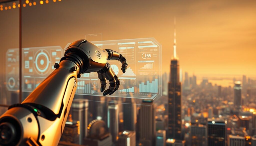 A captivating scene of artificial intelligence at work in marketing automation tools. In the foreground, a sleek, metallic robotic arm deftly manipulates intricate marketing data, its movements guided by a complex matrix of algorithms. The middle ground reveals a holographic control interface, its futuristic displays pulsing with real-time analytics and insights. In the background, a vast, gleaming cityscape stretches out, its skyscrapers and spires evoking a sense of technological progress and innovation. The entire scene is bathed in a warm, amber glow, creating a sense of optimism and possibility. High-resolution, clean, and sharp, this image embodies the power of AI-driven marketing automation to transform traditional agency models.