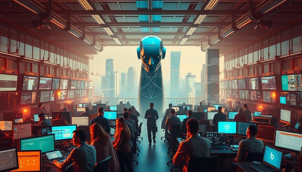 A sprawling digital workspace, awash in a warm, amber glow. In the foreground, a team of agency professionals grapple with a dizzying array of disjointed workflows, screens, and devices - a visual metaphor for the challenges of digital transformation. The middle ground features a towering, faceless AI entity, its synthetic presence looming over the human workers, hinting at the impending disruption. The background depicts a sleek, futuristic cityscape, suggesting the rapid technological advancements that threaten to leave traditional agencies behind. The image conveys a sense of unease, uncertainty, and the pressing need for agencies to adapt to the digital age.